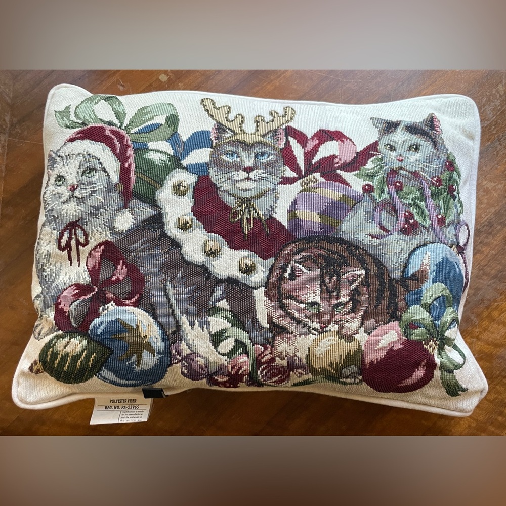 Christmas Throw Pillow 18" Kitty Cat Vintage Tapestry Kitties by Bess